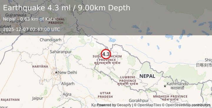 Earthquake NEPAL-INDIA BORDER REGION (4.2 ml) (2025-12-07 02:43:04 UTC)