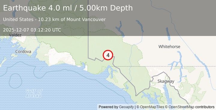 Earthquake SOUTHERN YUKON TERRITORY, CANADA (4.0 ml) (2025-12-07 03:12:20 UTC)