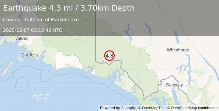 Earthquake SOUTHERN YUKON TERRITORY, CANADA (4.3 ml) (2025-12-07 03:16:40 UTC)