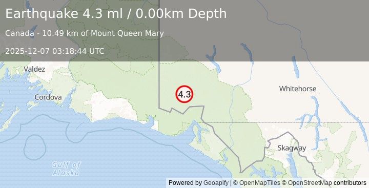 Earthquake SOUTHERN YUKON TERRITORY, CANADA (4.3 ml) (2025-12-07 03:18:44 UTC)