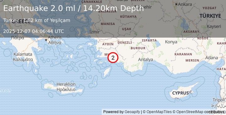 Earthquake DODECANESE IS.-TURKEY BORDER REG (2.0 ml) (2025-12-07 04:06:44 UTC)