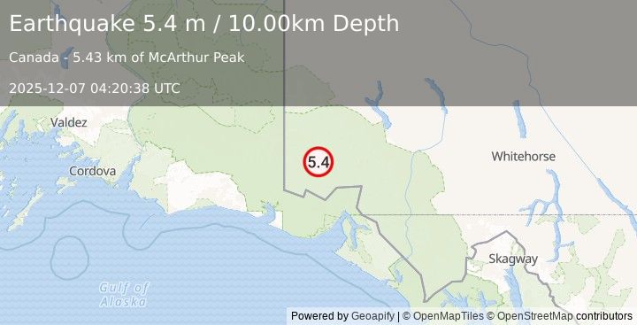Earthquake SOUTHERN YUKON TERRITORY, CANADA (5.5 mb) (2025-12-07 04:20:37 UTC)