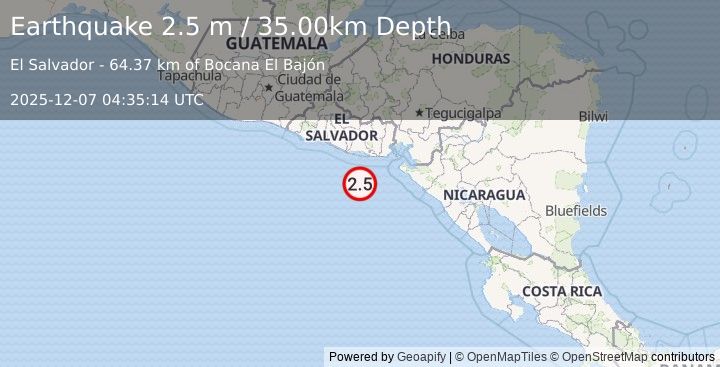 Earthquake OFFSHORE EL SALVADOR (2.5 m) (2025-12-07 04:35:14 UTC)
