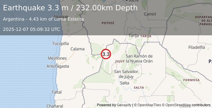 Earthquake POTOSI, BOLIVIA (3.2 m) (2025-12-07 05:09:33 UTC)