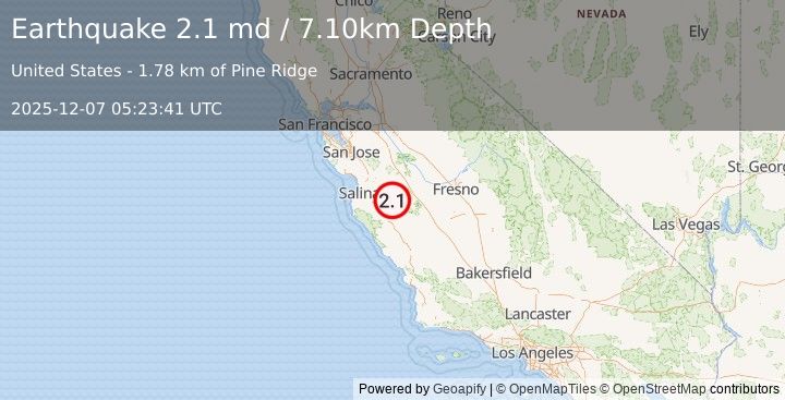 Earthquake CENTRAL CALIFORNIA (2.1 md) (2025-12-07 05:23:41 UTC)