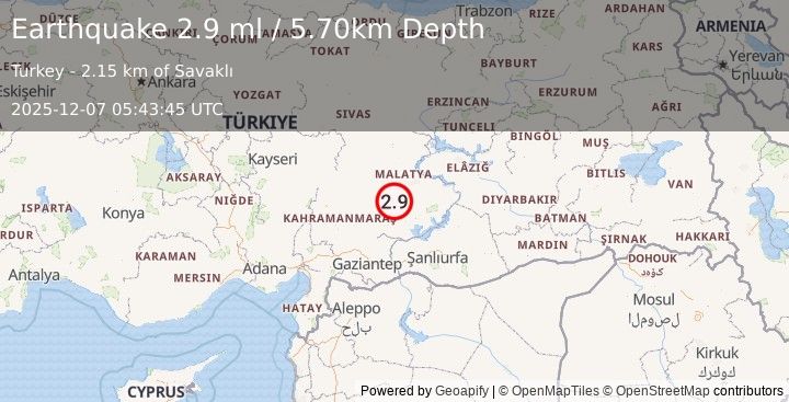 Earthquake CENTRAL TURKEY (2.9 ml) (2025-12-07 05:43:45 UTC)