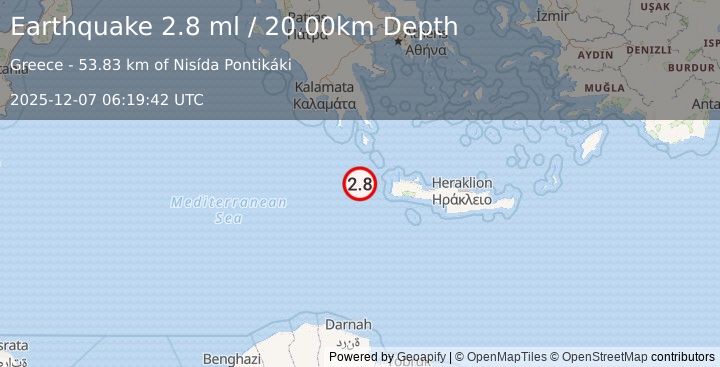 Earthquake CENTRAL MEDITERRANEAN SEA (2.8 ml) (2025-12-07 06:19:42 UTC)