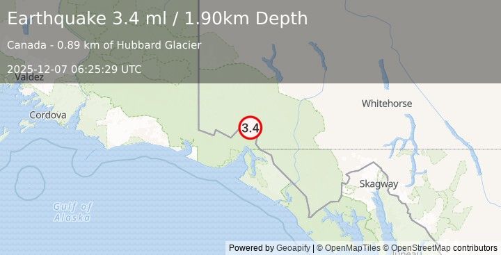 Earthquake SOUTHERN YUKON TERRITORY, CANADA (3.4 ml) (2025-12-07 06:25:29 UTC)