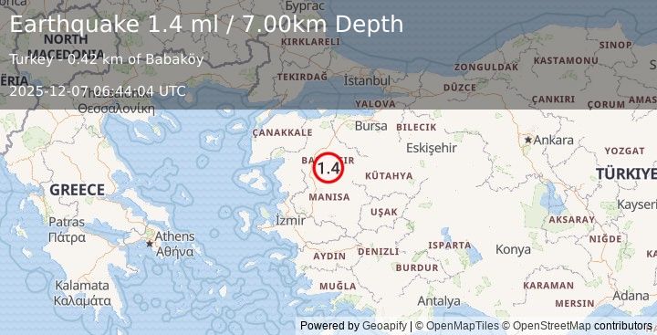 Earthquake WESTERN TURKEY (1.4 ml) (2025-12-07 06:44:04 UTC)