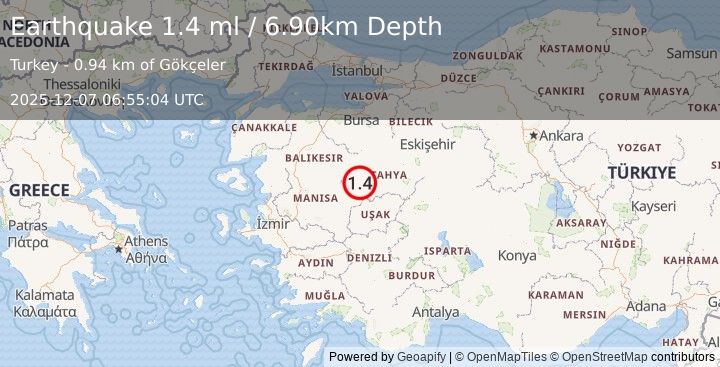 Earthquake WESTERN TURKEY (1.4 ml) (2025-12-07 06:55:04 UTC)
