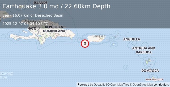 Earthquake PUERTO RICO REGION (3.0 md) (2025-12-07 07:04:10 UTC)