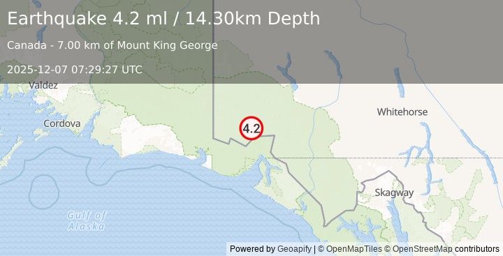 Earthquake SOUTHERN YUKON TERRITORY, CANADA (4.2 ml) (2025-12-07 07:29:27 UTC)