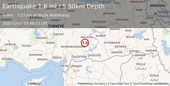 Earthquake CENTRAL TURKEY (1.6 ml) (2025-12-07 07:48:53 UTC)