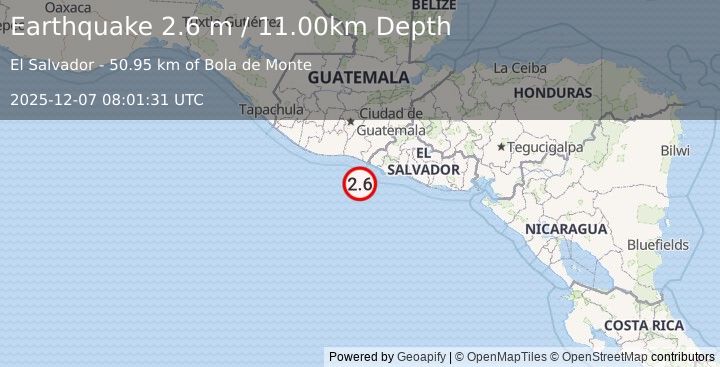 Earthquake OFFSHORE EL SALVADOR (2.6 m) (2025-12-07 08:01:31 UTC)