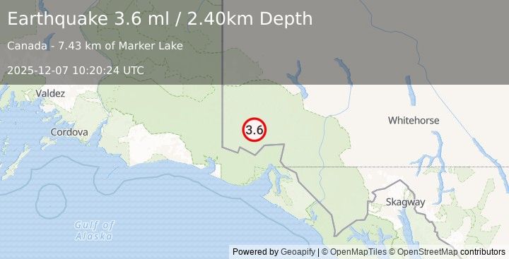 Earthquake SOUTHERN YUKON TERRITORY, CANADA (3.6 ml) (2025-12-07 10:20:24 UTC)