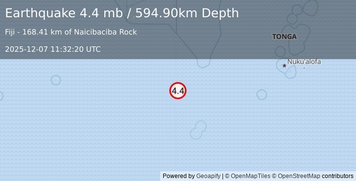 Earthquake SOUTH OF FIJI ISLANDS (4.4 mb) (2025-12-07 11:32:20 UTC)
