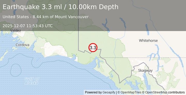 Earthquake SOUTHERN YUKON TERRITORY, CANADA (3.3 ml) (2025-12-07 11:53:43 UTC)