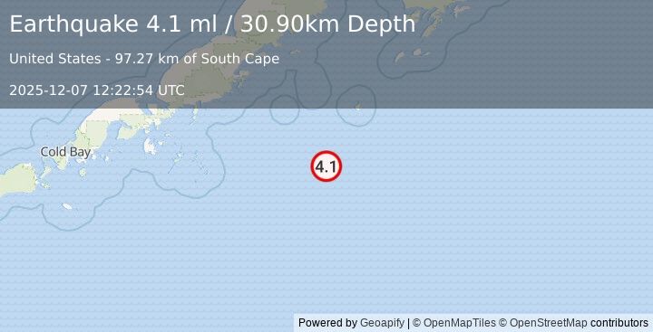 Earthquake SOUTH OF ALASKA (4.0 ml) (2025-12-07 12:22:55 UTC)