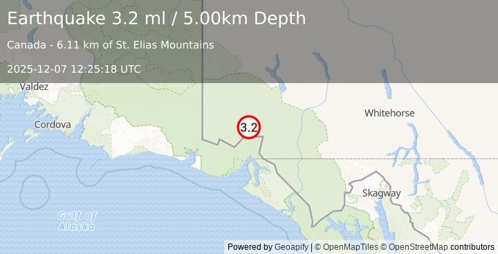 Earthquake SOUTHERN YUKON TERRITORY, CANADA (3.2 ml) (2025-12-07 12:25:18 UTC)