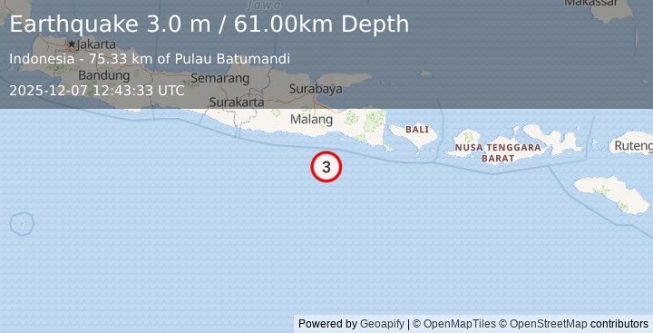 Earthquake SOUTH OF JAVA, INDONESIA (3.0 m) (2025-12-07 12:43:33 UTC)