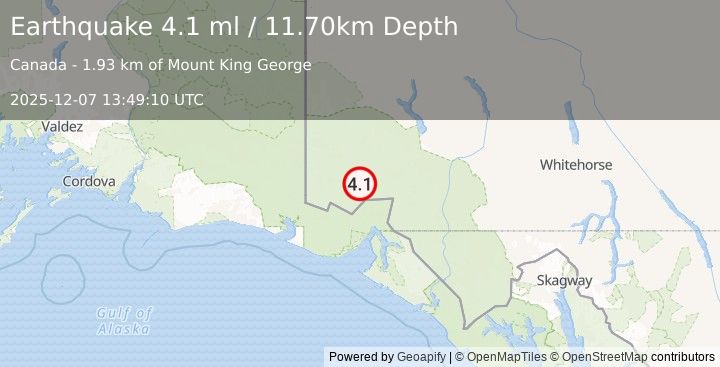 Earthquake SOUTHERN YUKON TERRITORY, CANADA (4.1 ml) (2025-12-07 13:49:07 UTC)