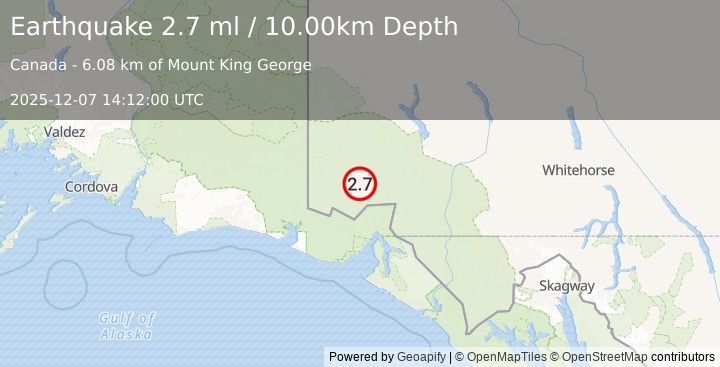 Earthquake SOUTHERN YUKON TERRITORY, CANADA (2.7 ml) (2025-12-07 14:12:00 UTC)
