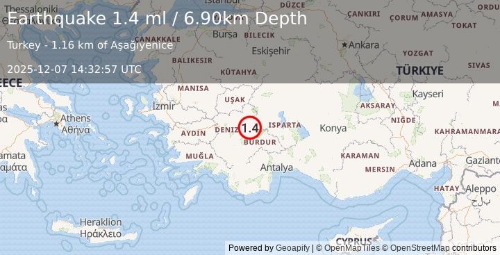 Earthquake WESTERN TURKEY (1.4 ml) (2025-12-07 14:32:57 UTC)