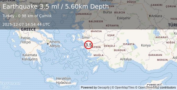 Earthquake WESTERN TURKEY (3.5 ml) (2025-12-07 14:54:44 UTC)