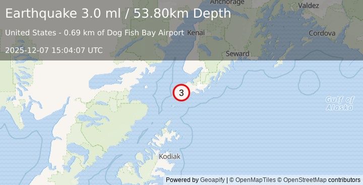 Earthquake KENAI PENINSULA, ALASKA (3.0 ml) (2025-12-07 15:04:07 UTC)