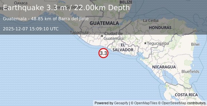 Earthquake OFFSHORE GUATEMALA (3.3 m) (2025-12-07 15:09:12 UTC)