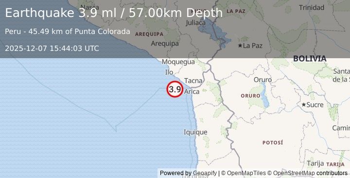 Earthquake OFF COAST OF TARAPACA, CHILE (4.0 m) (2025-12-07 15:44:02 UTC)