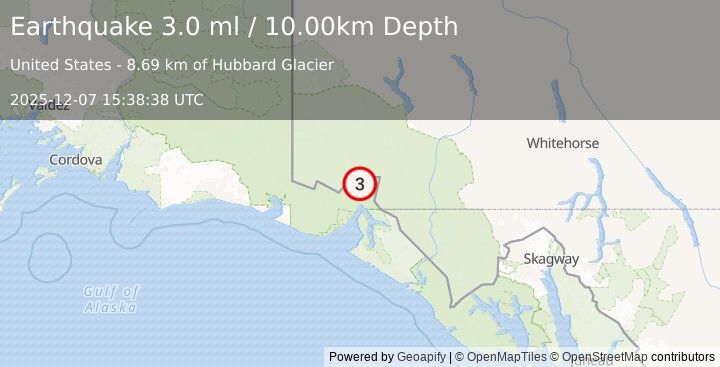 Earthquake SOUTHERN YUKON TERRITORY, CANADA (3.0 ml) (2025-12-07 15:38:38 UTC)