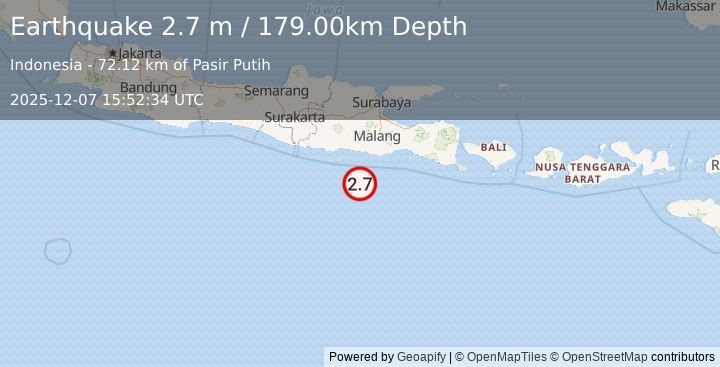 Earthquake SOUTH OF JAVA, INDONESIA (2.7 m) (2025-12-07 15:52:34 UTC)