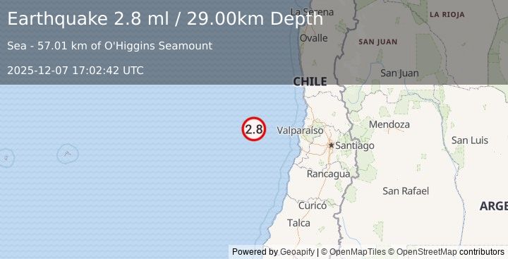 Earthquake OFF COAST OF VALPARAISO, CHILE (2.8 ml) (2025-12-07 17:02:42 UTC)