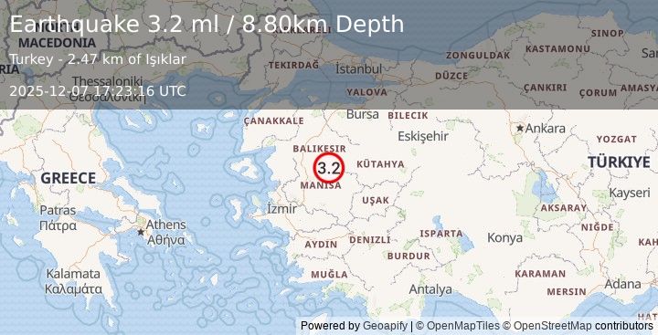 Earthquake WESTERN TURKEY (3.2 ml) (2025-12-07 17:23:16 UTC)