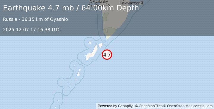 Earthquake KURIL ISLANDS (4.7 mb) (2025-12-07 17:16:38 UTC)