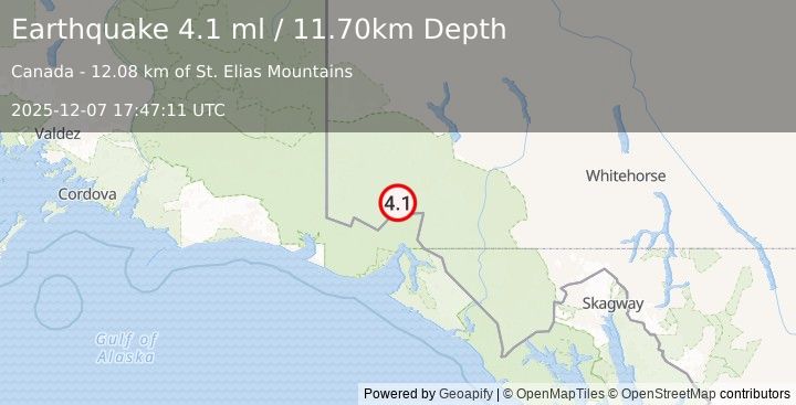 Earthquake SOUTHERN YUKON TERRITORY, CANADA (4.1 ml) (2025-12-07 17:47:11 UTC)