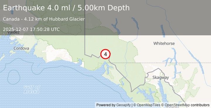 Earthquake SOUTHERN YUKON TERRITORY, CANADA (3.9 ml) (2025-12-07 17:50:30 UTC)