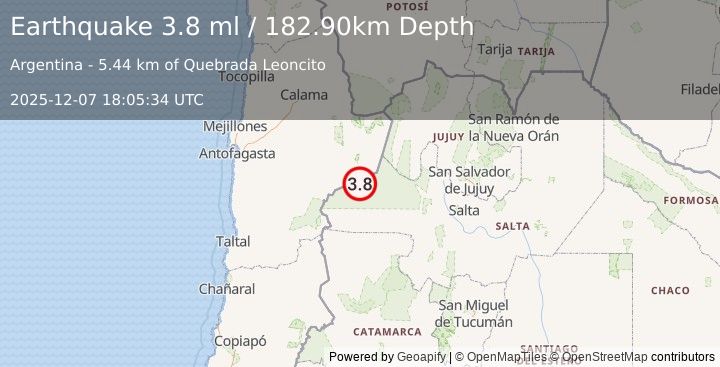 Earthquake SALTA, ARGENTINA (3.8 ml) (2025-12-07 18:05:34 UTC)