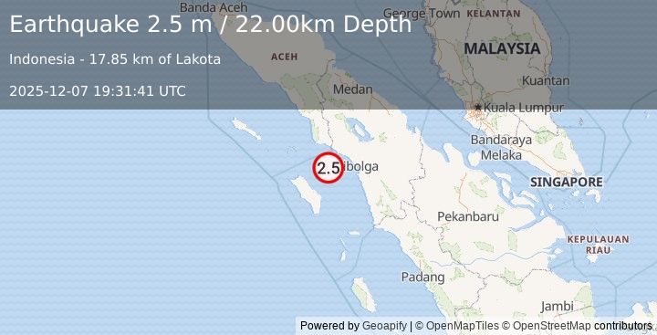 Earthquake NORTHERN SUMATRA, INDONESIA (2.5 m) (2025-12-07 19:31:41 UTC)