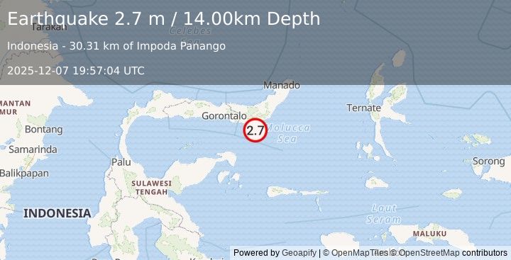 Earthquake MINAHASA, SULAWESI, INDONESIA (2.7 m) (2025-12-07 19:57:04 UTC)