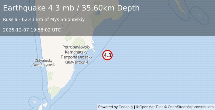 Earthquake OFF EAST COAST OF KAMCHATKA (4.3 mb) (2025-12-07 19:58:02 UTC)
