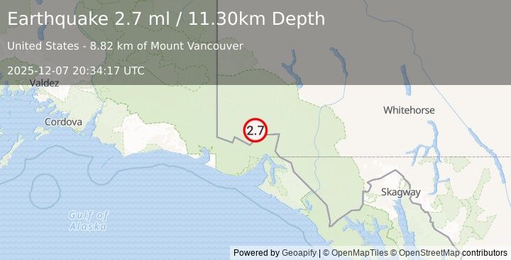 Earthquake SOUTHERN YUKON TERRITORY, CANADA (2.7 ml) (2025-12-07 20:34:17 UTC)