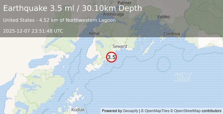 Earthquake KENAI PENINSULA, ALASKA (3.8 ml) (2025-12-07 23:51:47 UTC)
