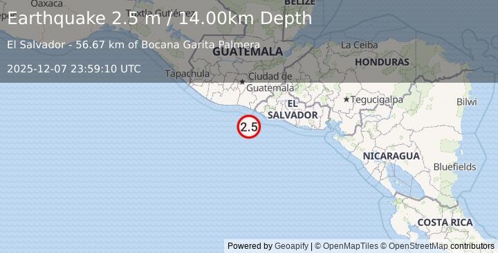 Earthquake OFFSHORE EL SALVADOR (2.5 m) (2025-12-07 23:59:10 UTC)
