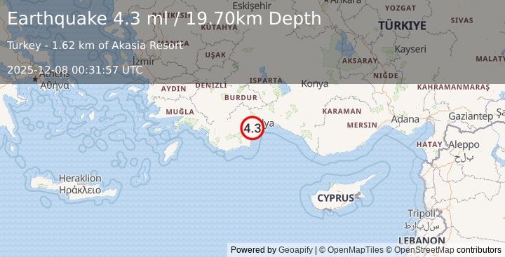 Earthquake WESTERN TURKEY (4.3 mw) (2025-12-08 00:31:56 UTC)
