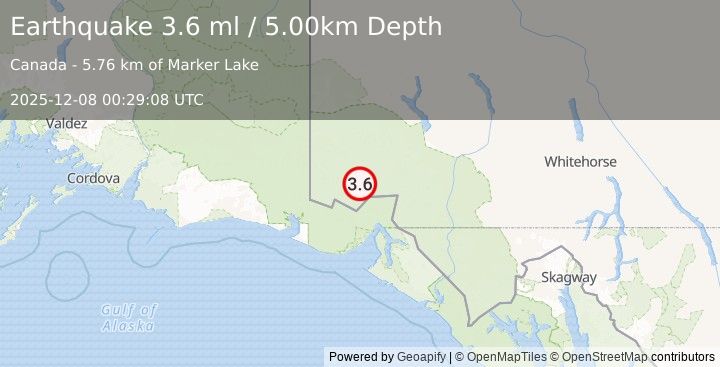 Earthquake SOUTHERN YUKON TERRITORY, CANADA (3.6 ml) (2025-12-08 00:29:08 UTC)