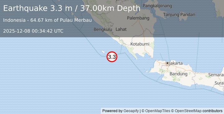 Earthquake SOUTHERN SUMATRA, INDONESIA (3.3 m) (2025-12-08 00:34:42 UTC)