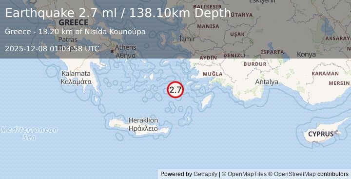 Earthquake DODECANESE ISLANDS, GREECE (2.6 ml) (2025-12-08 01:03:57 UTC)