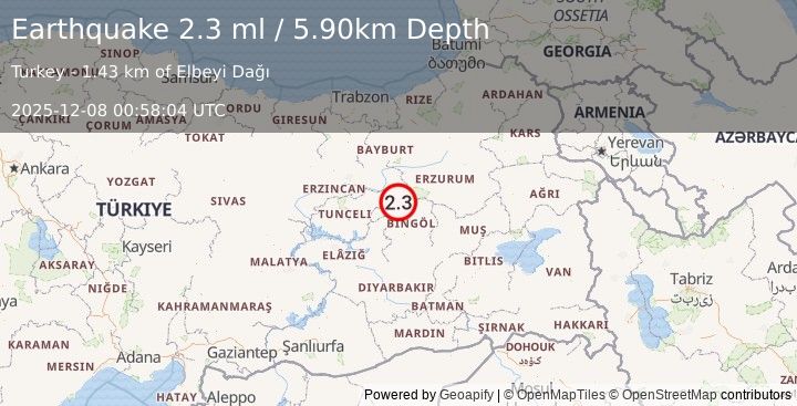 Earthquake EASTERN TURKEY (2.3 ml) (2025-12-08 00:58:05 UTC)